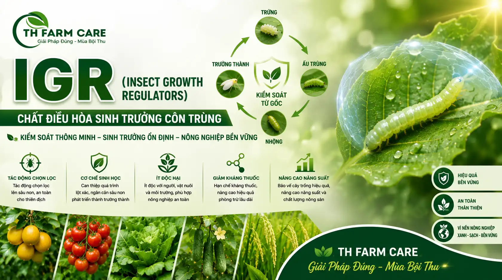 Banner IGR Insect Growth Regulators của TH FARM CARE mô tả cơ chế điều hòa sinh trưởng côn trùng, kiểm soát sâu non, hạn chế kháng thuốc và bảo vệ cây trồng bền vững.