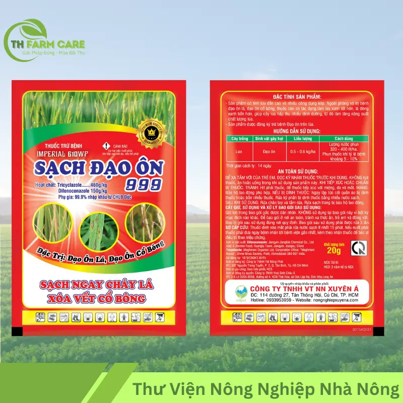 Hoạt chất Tricyclazole là gì? Cơ chế, hiệu quả & hướng dẫn sử dụng TTH Agro SACH-DAO-ON-999-cua-Cong-ty-Vat-tu-Nong-nghiep-Xuyen-A-chua-Tricyclazole-460gkg-ket-hop-voi-Difenoconazole-150gkg