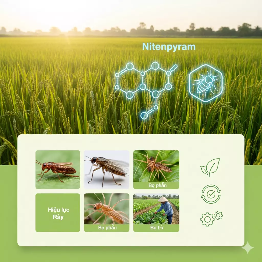 Nitenpyram là gì? Cơ chế tác động, công dụng, liều dùng & mức độ an toàn của hoạt chất Nitenpyram trong nông nghiệp TTH Agro Nitenpyram-Hoat-chat-tru-con-trung-the-he-moi-nhom-Neonicotinoid-Co-che-tac-dong-ung-dung-chuyen-sau-du-lieu-khoa-hoc-va-loi-ich-thuc-tien-trong-san-xuat-nong-nghiep