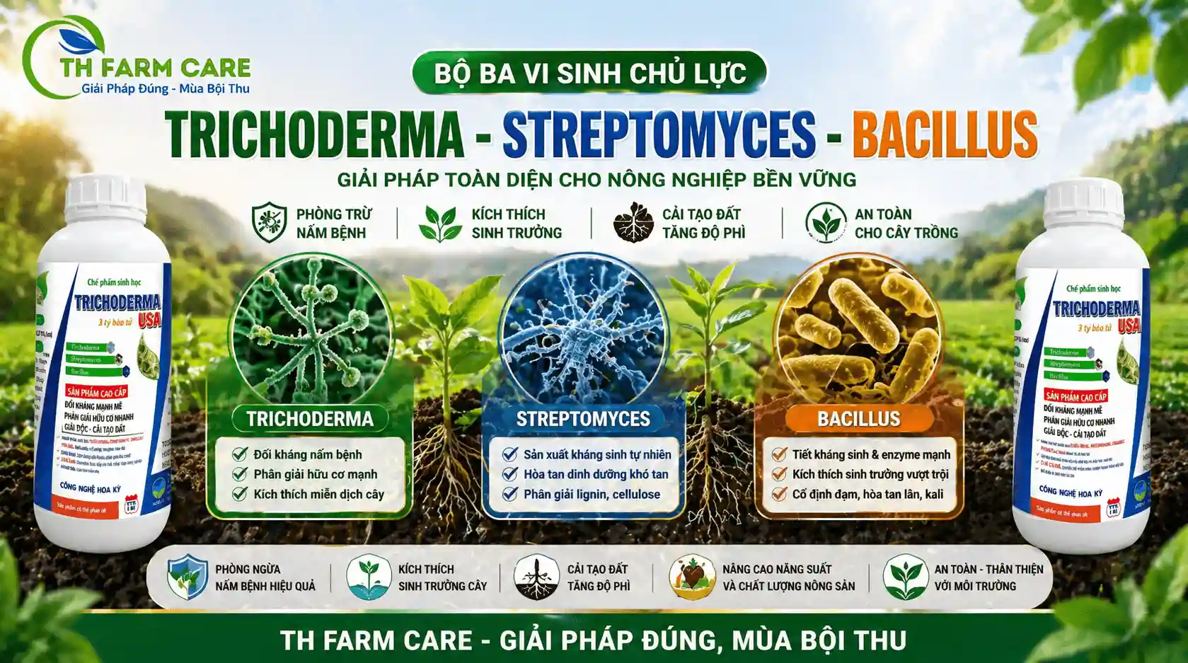 Banner bộ ba vi sinh chủ lực Trichoderma Streptomyces Bacillus của TH Farm Care cho nông nghiệp bền vững và cải tạo đất