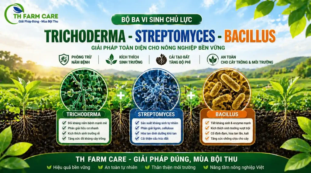 Hình ảnh tổng quát bộ ba vi sinh vật Trichoderma Streptomyces Bacillus hỗ trợ cải tạo đất, kích rễ và bảo vệ cây trồng bền vững