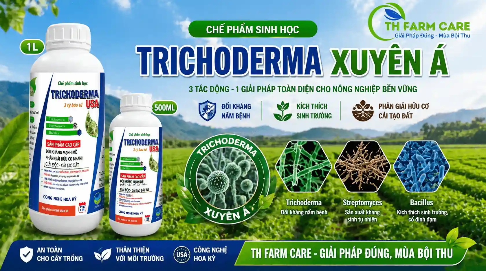 Chế phẩm sinh học Trichoderma USA TH Farm Care chai 1 lít và 500ml giúp đối kháng nấm bệnh, phân giải hữu cơ và cải tạo đất
