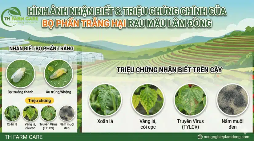 Hình ảnh chi tiết bọ phấn trắng trưởng thành, ấu trùng và các triệu chứng đặc trưng như xoăn lá, vàng lá, truyền virus TYLCV và nấm muội đen trên cây trồng tại Lâm Đồng