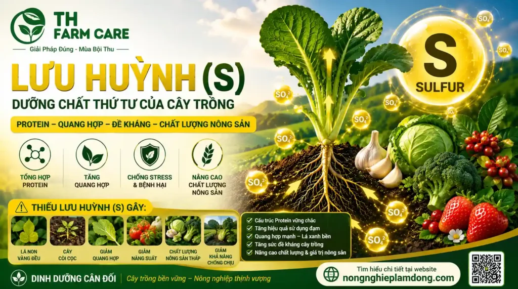 (S) Phân Bón Trung Lượng Lưu Huỳnh Trong Nông Nghiệp: Vai Trò, Dấu Hiệu Nhận Biết Thiếu Hụt & Cách Bón TTH Agro Lưu huỳnh (S) cho cây trồng - vai trò của lưu huỳnh trong tổng hợp protein, quang hợp, tăng sức đề kháng và nâng cao chất lượng nông sản