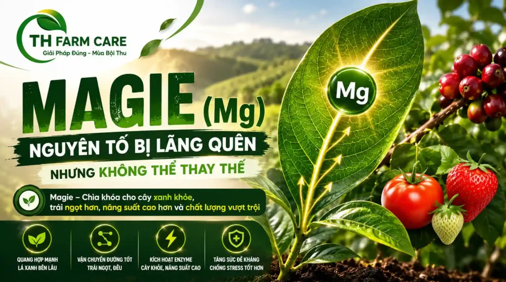 Magie (Mg) Trong Nông Nghiệp: Vai Trò, Dấu Hiệu Thiếu Và Cách Bổ Sung Hiệu Quả Cho Cây Trồng TTH Agro vai trò của Magie (Mg) đối với cây trồng, minh họa lá cây phát sáng chứa Mg giúp quang hợp mạnh, vận chuyển đường xuống trái, tăng năng suất và chống vàng lá cho cà phê, dâu tây và rau màu