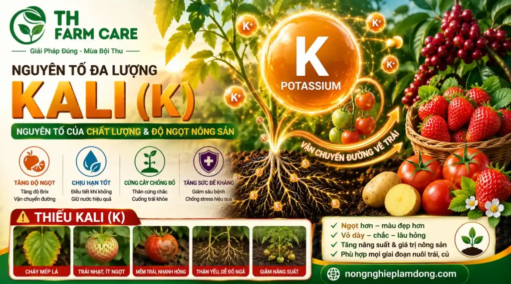 Kali (K) cho cây trồng - nguyên tố đa lượng giúp tăng độ ngọt nông sản, phát triển chất lượng trái, tăng sức chống chịu và nhận biết dấu hiệu thiếu kali qua hiện tượng cháy mép lá