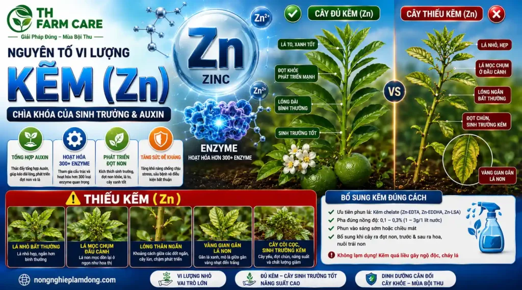 (Zn) Vai Trò Kẽm Với Cây Trồng: Phân Tích Toàn Diện Vi Lượng Từ Cơ Chế Đến Ứng Dụng Thực Tế Tại Lâm Đồng TTH Agro Kẽm Zn cho cây trồng giúp tổng hợp auxin, hoạt hóa enzyme, tăng sinh trưởng, ra hoa đậu trái và nhận biết dấu hiệu thiếu kẽm qua hiện tượng lá nhỏ, mọc chụm và lóng ngắn