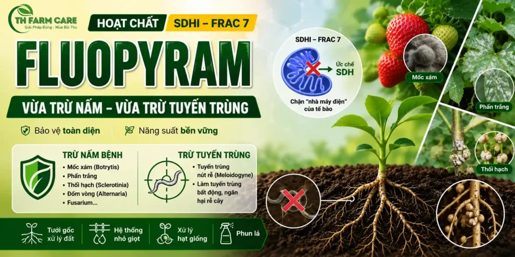 Infographic hoạt chất Fluopyram FRAC 7 của TH Farm Care minh họa cơ chế SDHI ức chế enzyme succinate dehydrogenase (SDH), kiểm soát mốc xám, phấn trắng, thối hạch và tuyến trùng nút rễ trên cây trồng