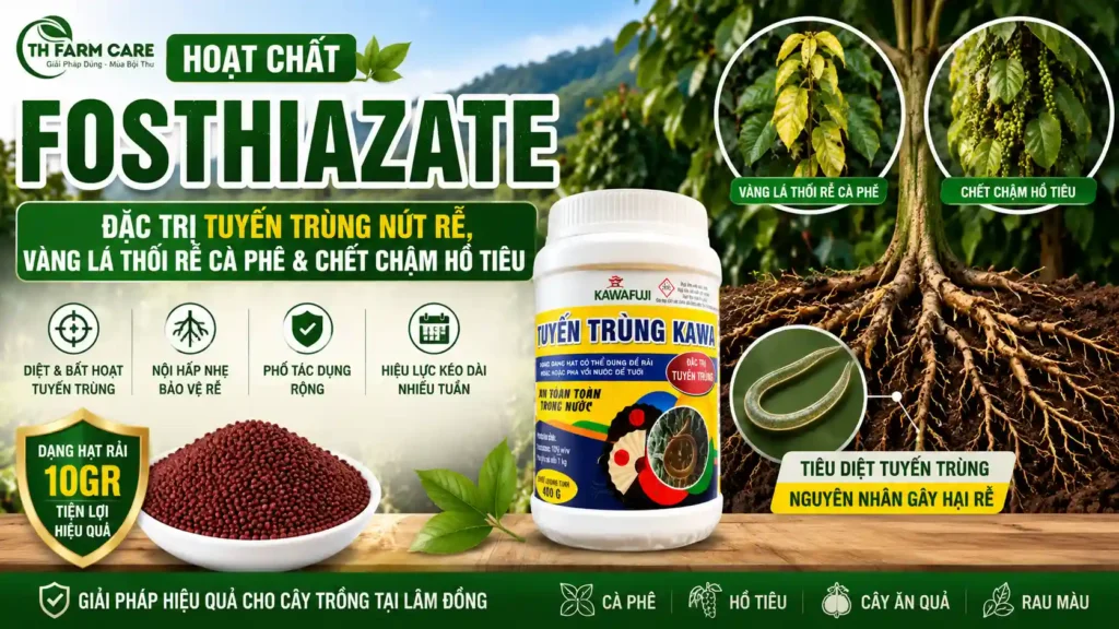 Hoạt Chất Fosthiazate: Đặc Trị Tuyến Trùng, Vàng Lá Thối Rễ TTH Agro Banner hoạt chất Fosthiazate đặc trị tuyến trùng nút rễ, vàng lá thối rễ cà phê, chết chậm hồ tiêu với sản phẩm Tuyến Trùng Kawa 15GR dạng hạt rải