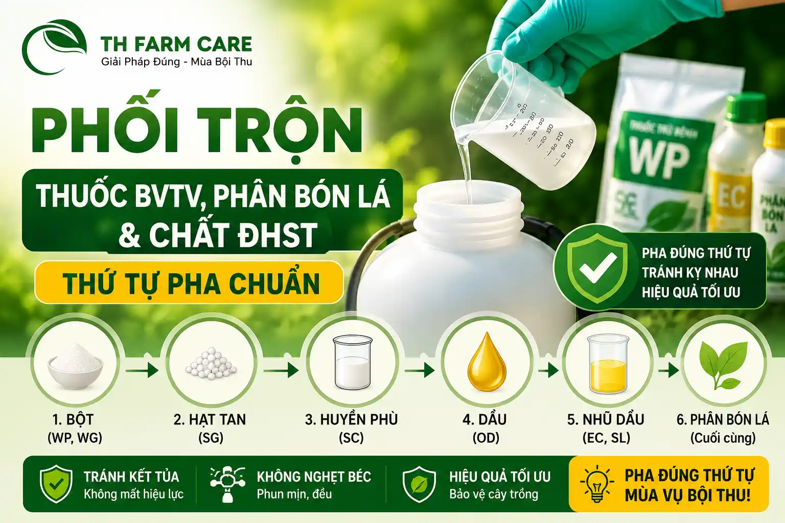 Infographic hướng dẫn phối trộn thuốc BVTV, phân bón lá và chất điều hòa sinh trưởng đúng thứ tự, kèm bảng các cặp hoạt chất kỵ nhau.