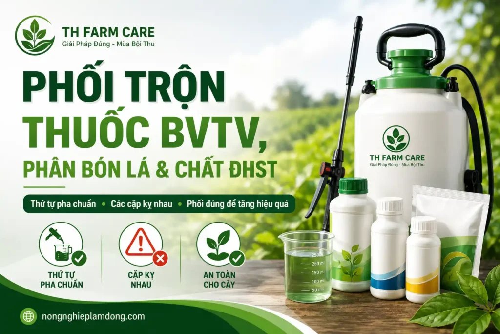 Phối trộn thuốc BVTV, phân bón lá và chất điều hòa sinh trưởng đúng thứ tự pha chuẩn giúp tránh kết tủa, không nghẹt béc và tăng hiệu quả phòng trừ.