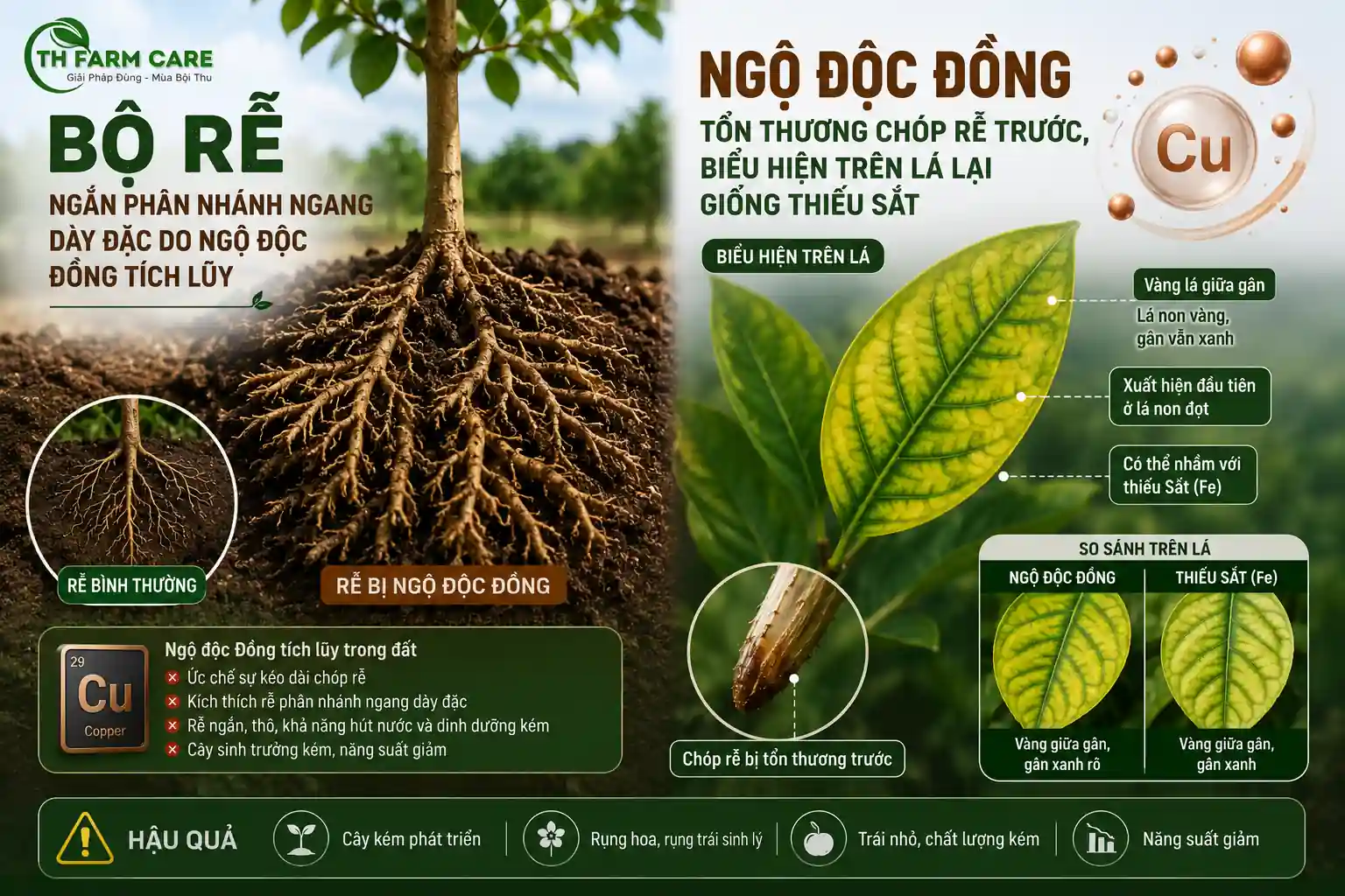 Bộ rễ ngắn phân nhánh ngang dày đặc do ngộ độc đồng tích lũy