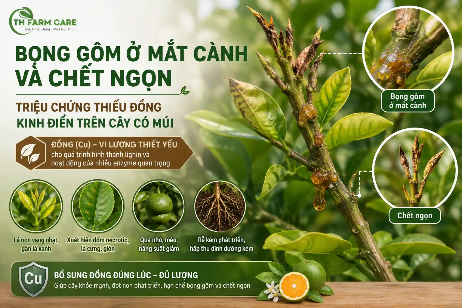 Cành cây có múi chảy gôm ở mắt cành và chết ngọn do thiếu đồng