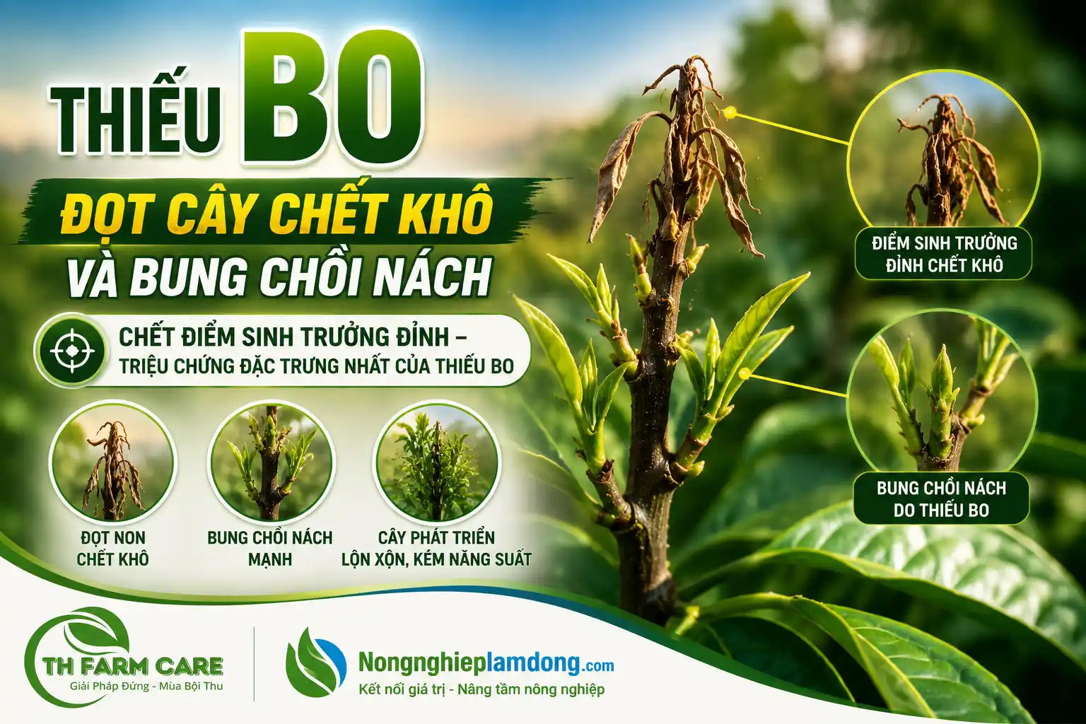 Đọt cây chết khô và bung chồi nách do thiếu bo