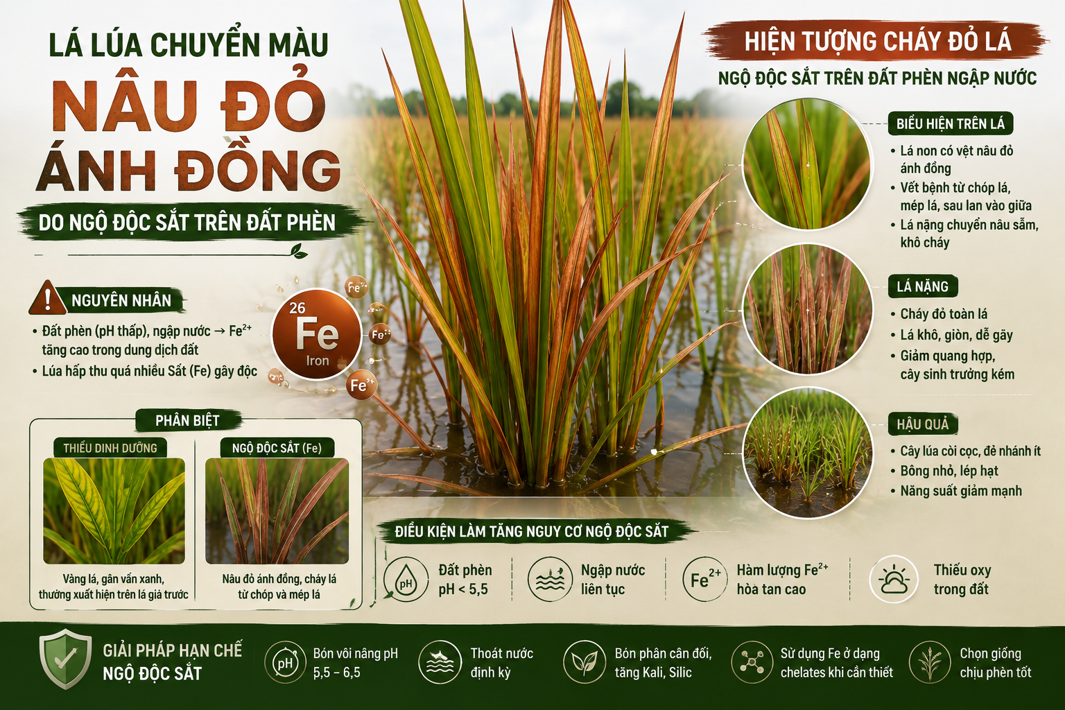 Lá lúa chuyển màu nâu đỏ ánh đồng do ngộ độc sắt trên đất phèn