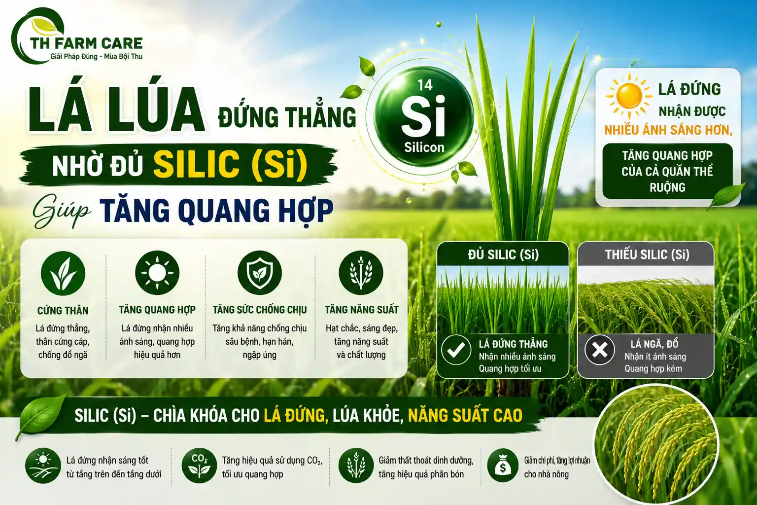 Lá lúa đứng thẳng nhờ đủ silic giúp tăng quang hợp
