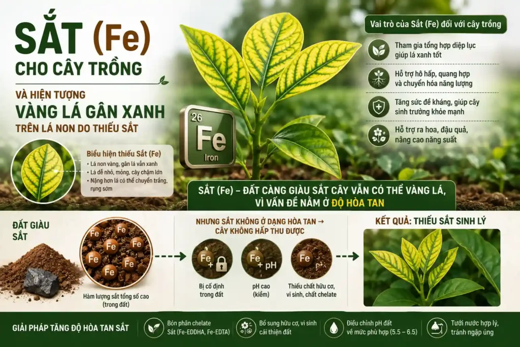 Sắt Fe cho cây trồng và hiện tượng vàng lá gân xanh trên lá non do thiếu sắt