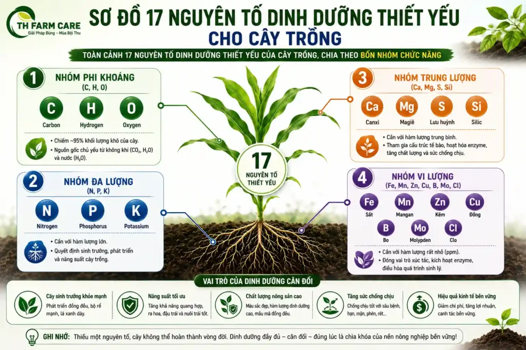 Sơ đồ 17 nguyên tố dinh dưỡng thiết yếu cho cây trồng gồm nhóm phi khoáng C H O, đa lượng N P K, trung lượng Ca Mg S Si và vi lượng Fe Mn Zn Cu B Mo Cl