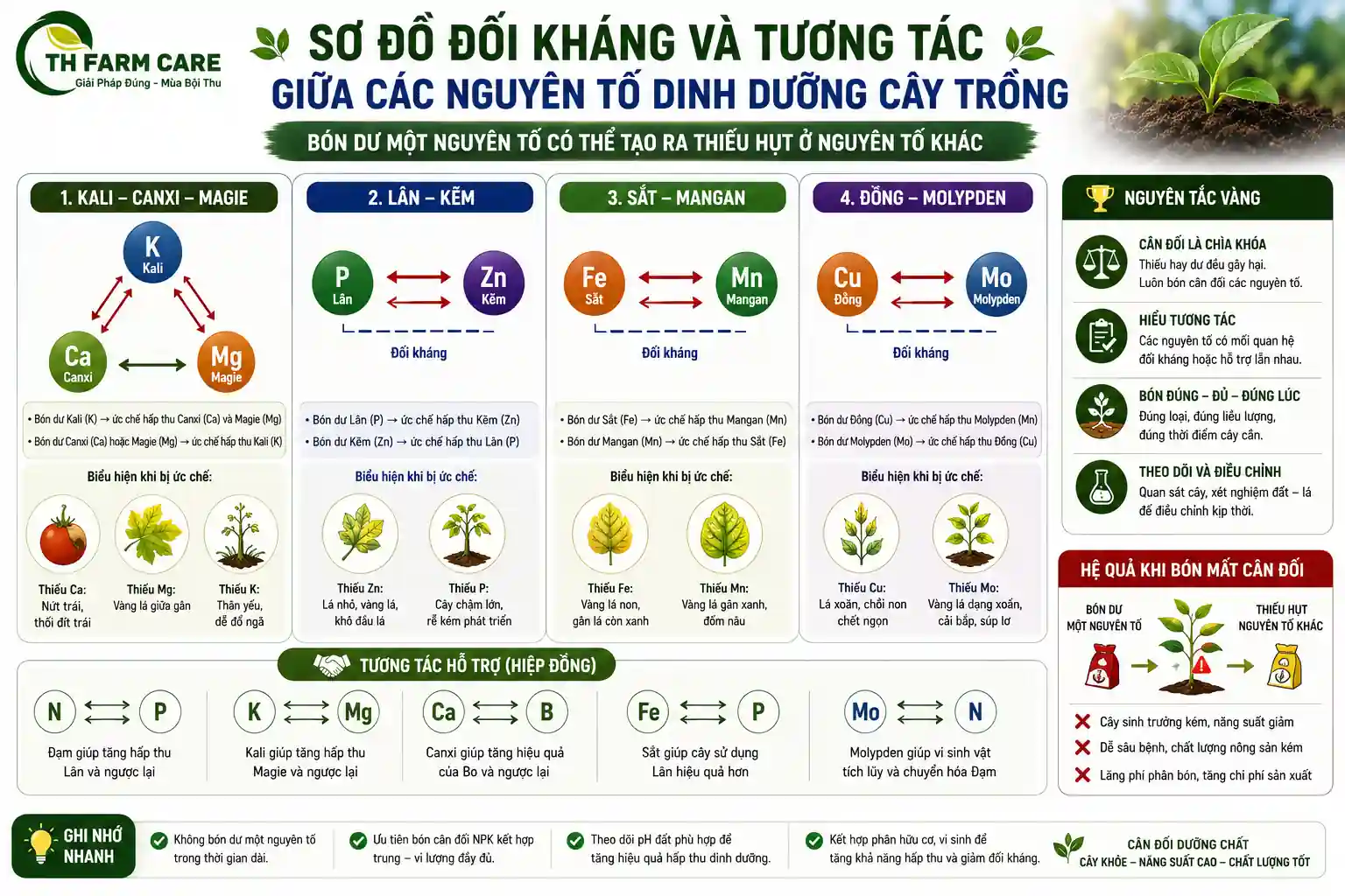 Sơ đồ đối kháng và tương tác giữa các nguyên tố dinh dưỡng cây trồng gồm cặp kali canxi magie, lân kẽm, sắt mangan và đồng molypden