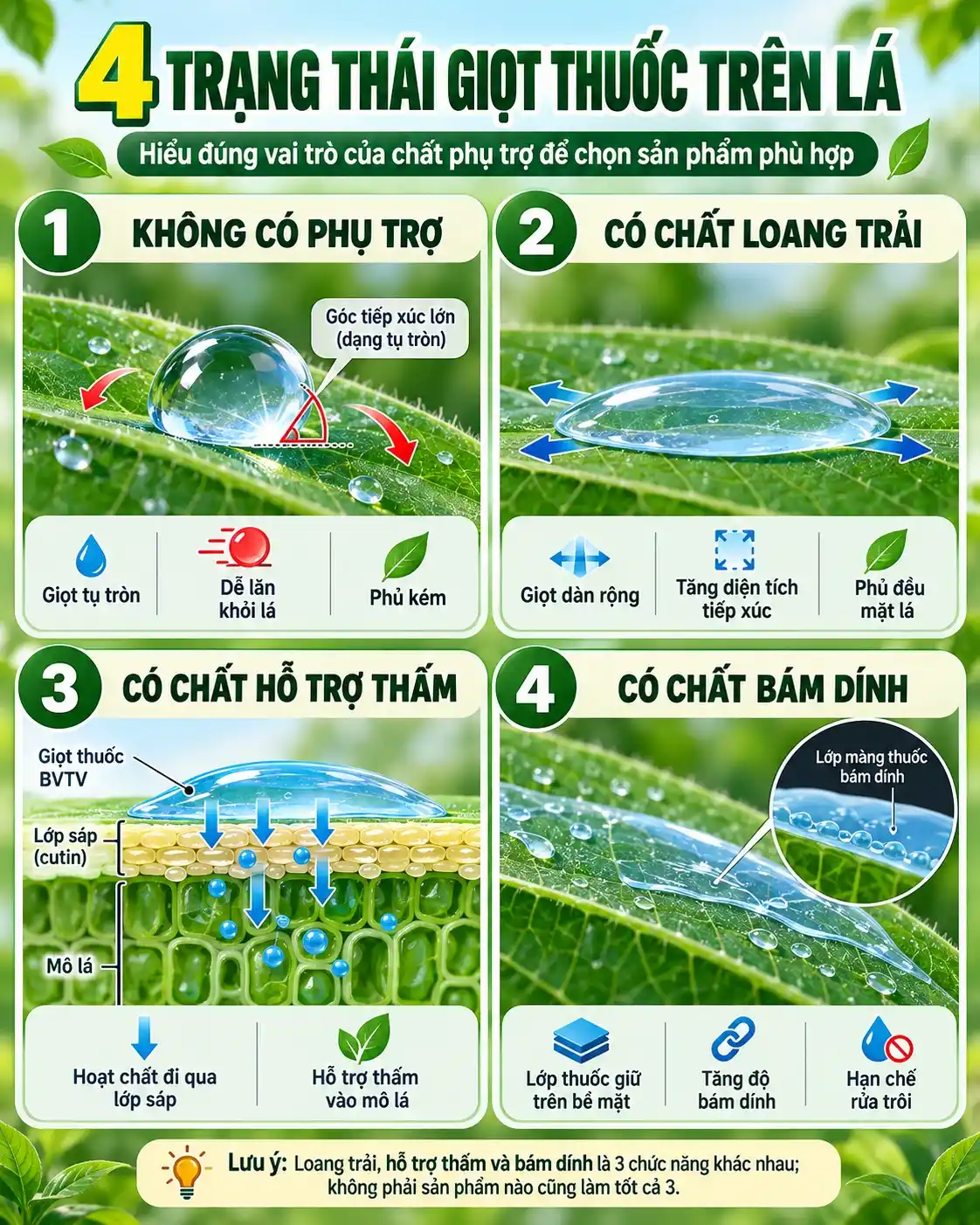 Sơ đồ bốn trạng thái giọt thuốc trên lá giọt tụ tròn khi không có phụ trợ, giọt dàn rộng khi có chất loang trải, hoạt chất đi qua lớp sáp khi có chất hỗ trợ thấm và lớp thuốc giữ trên bề mặt khi có chất bám dính