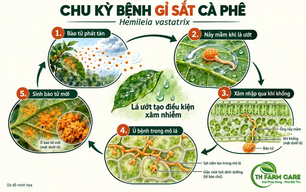 Sơ đồ minh họa chu kỳ xâm nhiễm nấm gỉ sắt Hemileia vastatrix trên cà phê qua khí khổng mặt dưới lá