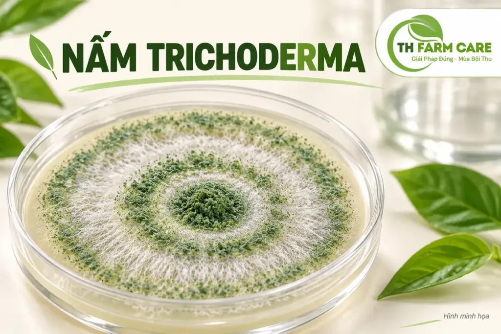 Minh họa khuẩn lạc nấm Trichoderma màu xanh lục, logo TH FARM CARE