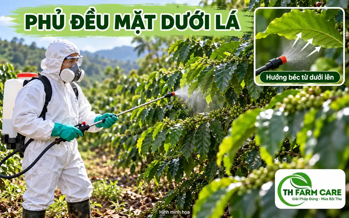 Minh họa người phun mặc đồ bảo hộ hướng béc từ dưới lên để thuốc phủ mặt dưới lá cà phê