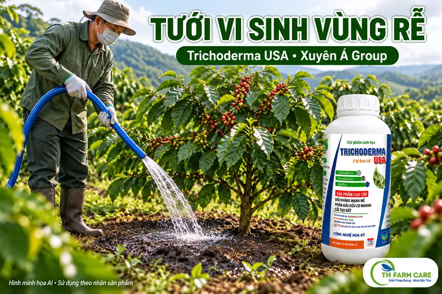 Nhà vườn dùng vòi tưới vi sinh vùng rễ cà phê với Trichoderma USA của Xuyên Á Group, có logo TH FARM CARE
