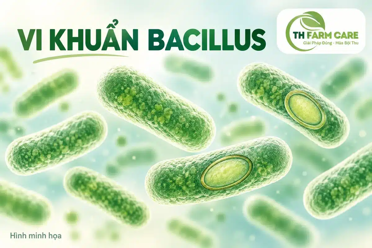 Minh họa vi khuẩn Bacillus hình que và nội bào tử, logo TH FARM CARE