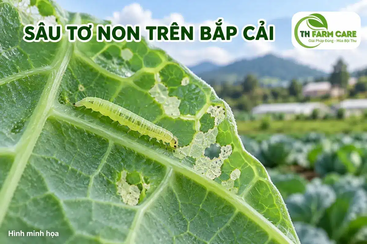 Minh họa sâu tơ non trên lá bắp cải, đối tượng của thuốc vi sinh Bacillus thuringiensis