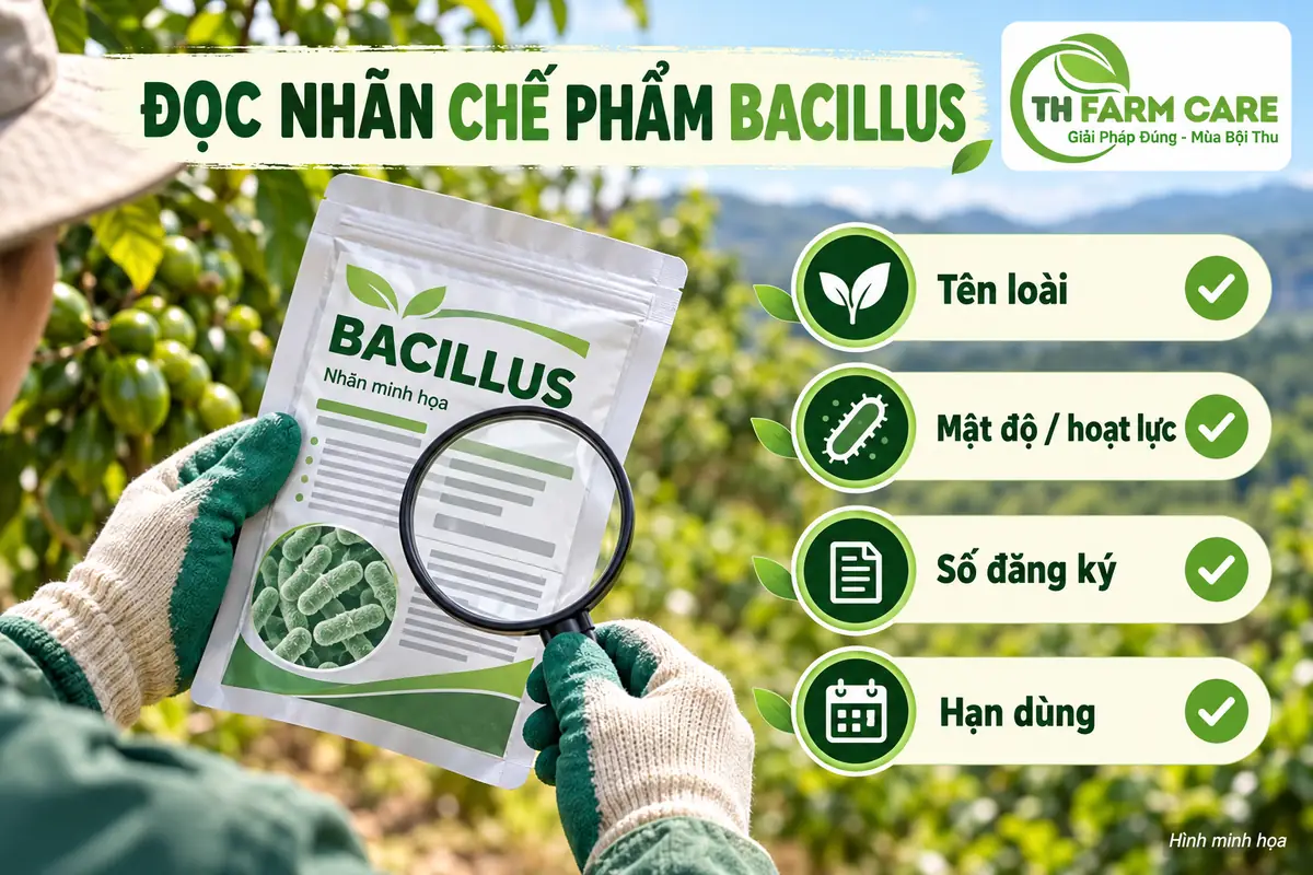 Nhà vườn đọc nhãn chế phẩm vi khuẩn Bacillus, kiểm tra tên loài, mật độ và số đăng ký trước khi mua