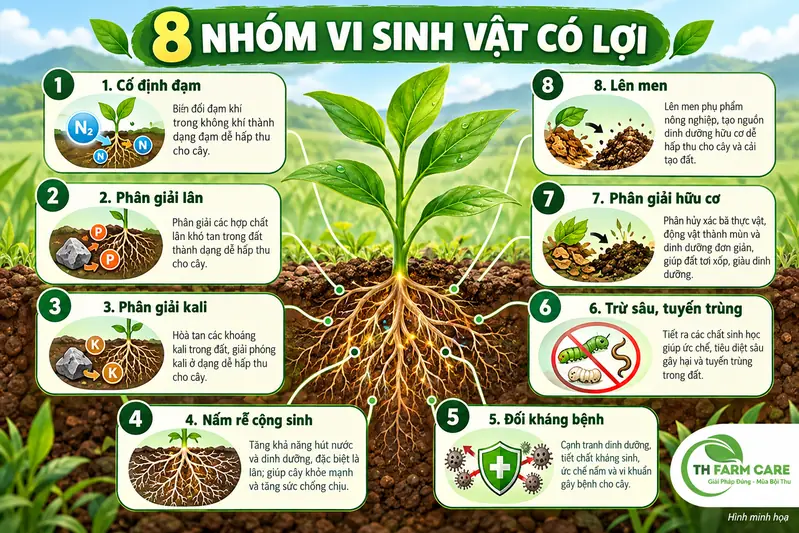 Sơ đồ 8 nhóm vi sinh vật có lợi trong nông nghiệp quanh bộ rễ cây, có logo TH FARM CARE