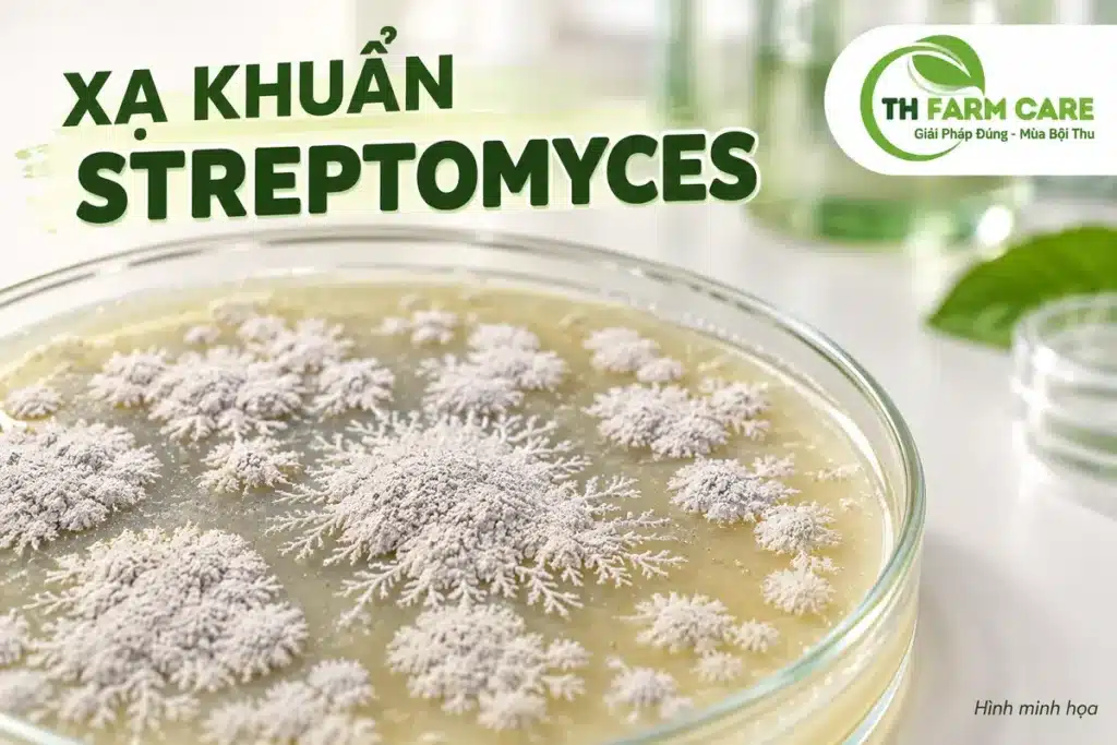 Minh họa khuẩn lạc xạ khuẩn Streptomyces trắng xám khô như phấn trên đĩa nuôi cấy, logo TH FARM CARE
