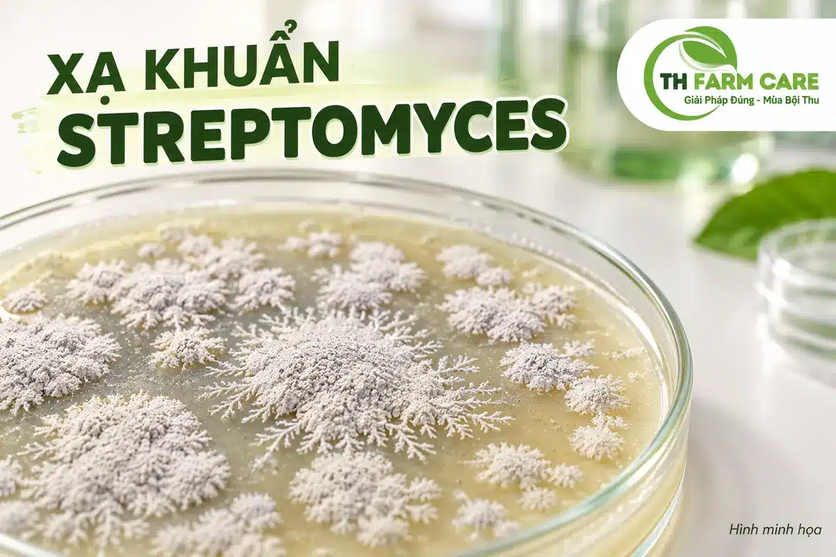 Minh họa khuẩn lạc xạ khuẩn Streptomyces màu trắng xám, bề mặt khô như phấn trên đĩa nuôi cấy