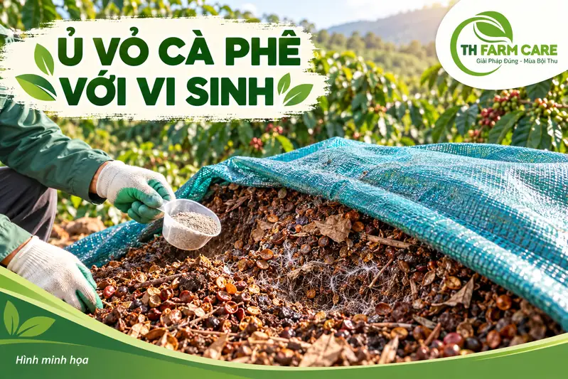 Minh họa đống ủ vỏ cà phê với chế phẩm vi sinh có xạ khuẩn Streptomyces, phủ bạt giữ ẩm tại vườn Lâm Đồng
